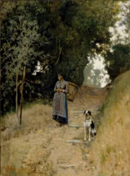 Campesina con cesta y perro