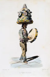 El hombre del tamboril, grabado por Giovanni Fusaro (1803-1894) de un dibujo de Teodoro Duclere (1816-1867). Italia