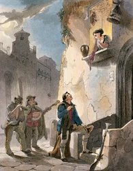 Serenata, ilustración de Trajes y escenas populares de Nápoles de Achille Vianelli, c.1830 (aguatinta)