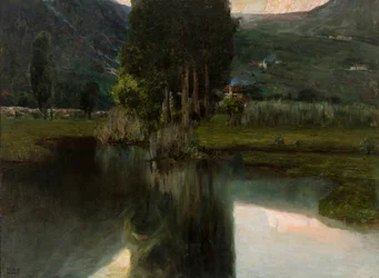 Lago con cipreses y casas, 1923