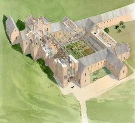 Vista aérea de la Abadía de Lilleshall, circa finales del siglo XV, c1990-2010