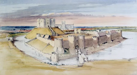 Ilustración del castillo de York, North Yorkshire, como podría haber sido a finales del siglo XIII, 1985