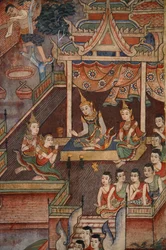 (Detalle) de un mural en el Viharn laikam en Wat Phra Singh