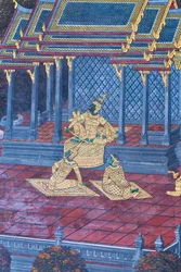 Mural con escenas del Ramayana en Wat Phra Kaeo, Gran Palacio Real, Bangkok, Tailandia
