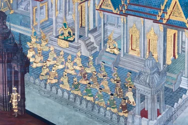 Mural con escenas del Ramayana en Wat Phra Kaeo, Gran Palacio Real, Bangkok, Tailandia