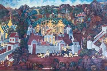 Mural con escenas del Ramayana en Wat Phra Kaeo, Gran Palacio Real, Bangkok, Tailandia