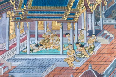 Mural con escenas del Ramayana en Wat Phra Kaeo, Gran Palacio Real, Bangkok, Tailandia