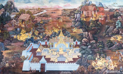 Mural con escenas del Ramayana en Wat Phra Kaeo, Gran Palacio Real, Bangkok, Tailandia