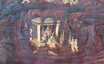 Mural con escenas del Ramayana en Wat Phra Kaeo, Gran Palacio Real, Bangkok, Tailandia