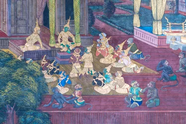 Mural con escenas del Ramayana en Wat Phra Kaeo, Gran Palacio Real, Bangkok, Tailandia