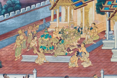 Mural con escenas del Ramayana en Wat Phra Kaeo, Gran Palacio Real, Bangkok, Tailandia