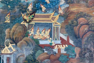 Mural con escenas del Ramayana en Wat Phra Kaeo, Gran Palacio Real, Bangkok, Tailandia