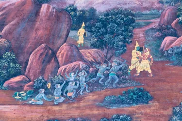 Mural con escenas del Ramayana en Wat Phra Kaeo, Gran Palacio Real, Bangkok, Tailandia