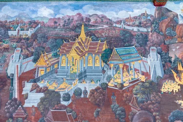Mural con escenas del Ramayana en Wat Phra Kaeo, Gran Palacio Real, Bangkok, Tailandia