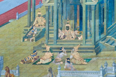 Mural con escenas del Ramayana en Wat Phra Kaeo, Gran Palacio Real, Bangkok, Tailandia