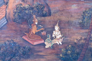 Mural con escenas del Ramayana en Wat Phra Kaeo, Gran Palacio Real, Bangkok, Tailandia