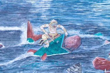 Mural con escenas del Ramayana en Wat Phra Kaeo, Gran Palacio Real, Bangkok, Tailandia
