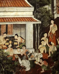 Damas del palacio comprando joyas y espejos a comerciantes musulmanes, estilo Rattanakosin