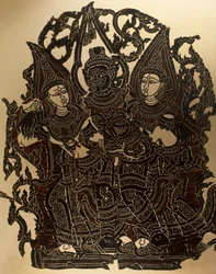 Escena del teatro de sombras Nang Yai que representa a Dasakantha y sus esposas, panel de cuero tallado, Tailandia, civilización tailandesa