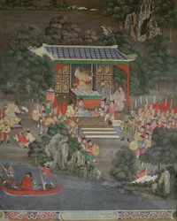 Escena con influencia china, Sala Geng, Wat Bowonniwet Vihara, Bangkok