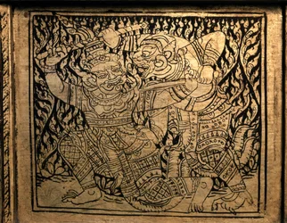 ARTE TAILANDÉS: Un episodio del "Ramayana". Mueble de libros, al estilo de Bangkok