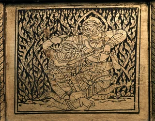 ARTE TAILANDÉS: Un episodio del "Ramayana". Mueble de libros, al estilo de Bangkok.