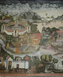 Ciudad de Phitsanulok y fuente con estatuas de Buda, Wat Bowonniwet Vihara, Bangkok