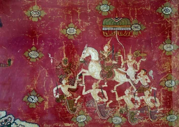 Budismo: escena de la vida de Buda: la Gran Partida (detalle)