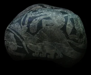 La piedra de Ica. Un hombre matando a un dinosaurio