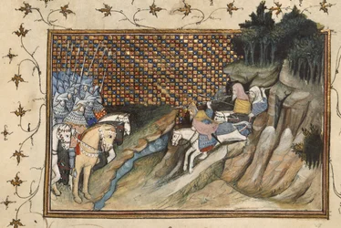 Harley 1319, f.9 Art Mór cabalgando para encontrarse con el conde de Gloucester, de 