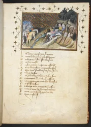 MacMorogh, el jefe irlandés, acercándose al duque de Gloucester, MS Harley 1319, f.9r
