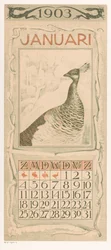 Hoja de calendario de enero con pavo real - Calendario 1903, 12 litografías de Th. v. Hoytema (título de la serie)