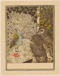Pavo real en exhibición y dos búhos