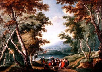 Paisaje boscoso con vendedores de frutas y otras figuras