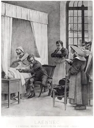 René Théophile Hyacinthe Laennec escuchando el pecho de un hombre con tuberculosis