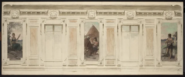 Boceto de la sala de matrimonios del Ayuntamiento de Courbevoie: Fileuse. La boda. Berger, en 1884 (óleo sobre lienzo)