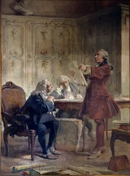 El naturalista y intendente del Jardin du roi Georges-Louis Leclerc, Conde de Buffon (1707-1788) lee las primeras hojas de su tratado de historia natural frente al botánico Bernard de Jussieu (1699-1777) y el naturalista Edme-Louis Daubenton (1732-17