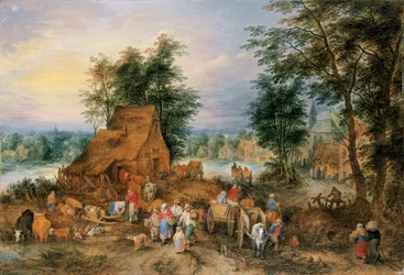 Una escena de pueblo con campesinos trabajando