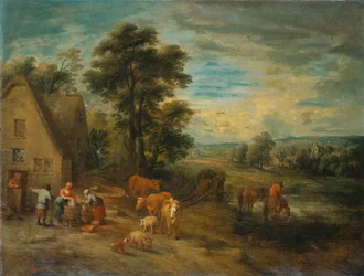 Paisaje con campesinos y ganado junto a una cabaña