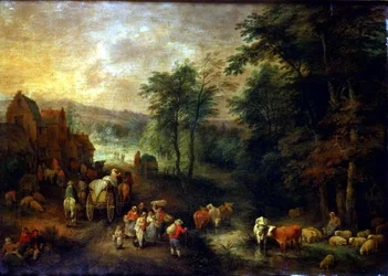 Paisaje boscoso con campesinos y carros