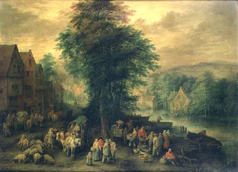 Paisaje boscoso con campesinos, carros y ganado
