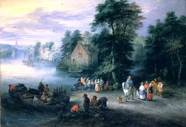 Paisaje fluvial arbolado con figuras y ganado
