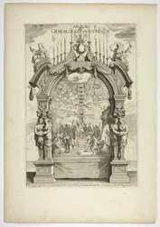 Árbol genealógico de la familia real austriaca, placa 32 de Casperius Gevartius, Pompa Introitus Honori Serenissimi Principis Ferdinandi (Entrada triunfal del Serenísimo y Honorable Cardenal-Infante Fernando)