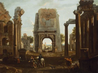 Capriccio de ruinas romanas con el arco de Tito y figuras (óleo)