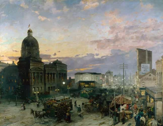 ""Vista de Washington Street en Indianápolis al atardecer"" Pintura de Theodor Groll (1857-1913) 1892-1895 Museo de Arte de Indianápolis Indiana Estados Unidos