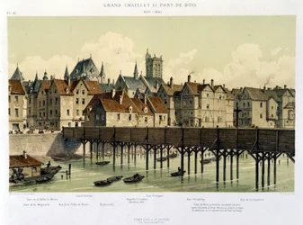 Le grand Châtelet y el puente de madera (1621-1643) - en "París desde el XIII hasta nuestros días" por Hoffbauer, ed. Firmin Didot & Cie