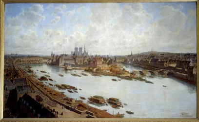 Vista panorámica de París y la Île de la Cité en 1588 desde los techos del Louvre, el Pont Neuf en construcción