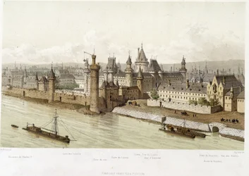 El Louvre en la época de Carlos V (circa 1380) - en “París desde el siglo XIII hasta la actualidad” por Hoffbauer, ed. Firmin Didot & Cie