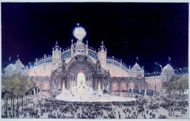 Exposición Universal: "Vista del Palacio de Electricidad y Castillo de Agua en París en 1900" Impresión de Theodore Joseph Hubert Hoffbauer (1839-1922) conocido como Fedor Hoffbauer. 1900 París, Museo Carnavalet