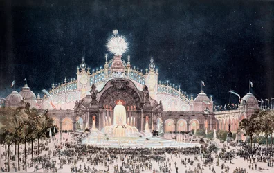 Exposición universal, vista del palacio de la electricidad y el castillo de agua, París